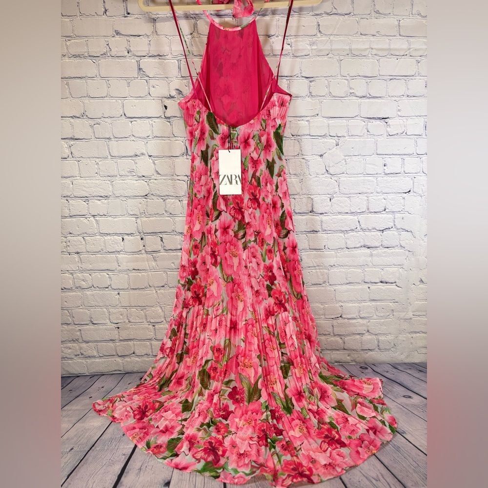 NWT Zara Pink Floral Print Cottagecore Boho Wedding Party Midi Halter Dress XS - Picture 2 of 15